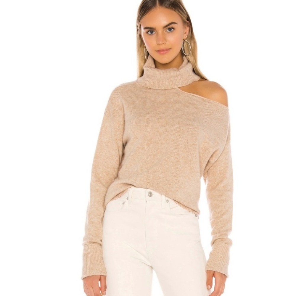 Paige Raundi wool blend cold shoulder turtleneck sweater in camel